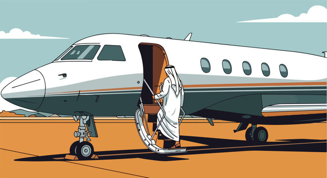 Man in traditional attire boards a private jet on tarmac