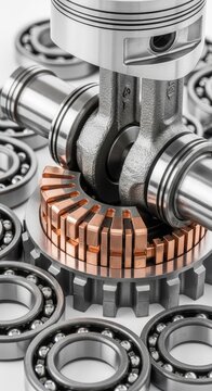 Close-up of mechanical components featuring pistons, crankshaft, and copper commutator within metal laminations and steel ball bearings, crankshaft, technical, duty