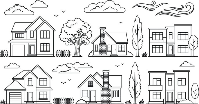 Residential suburban houses vector line art set featuring family homes modern buildings trees clouds fences and street scenery.
