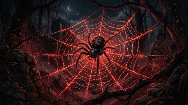 Black spider sitting on a glowing red spider web in the dark