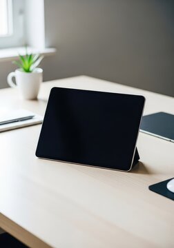 Minimalist tablet with an empty screen placed on a bright office table, featuring a clean workspace environment with soft lighting effects, sleek, professional, portable