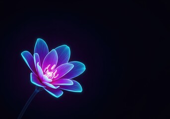 Obraz premium Radiant neon petals of a magical blossom illuminate the dark night with electric colors of violet and cyan in a botanical macro display, flower, vivid, glow
