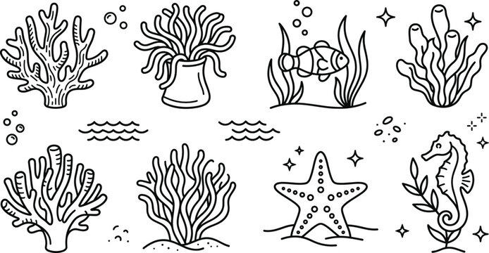 Undersea coral reef marine life vector line icons set featuring sea anemone clownfish starfish seahorse and aquatic plants