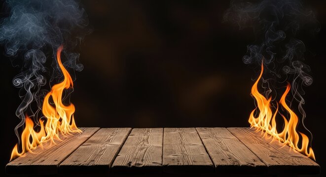 Rustic wooden table surface with vibrant orange flames and smoke rising from the edges against a dark background for product placement, floating, smoke, design