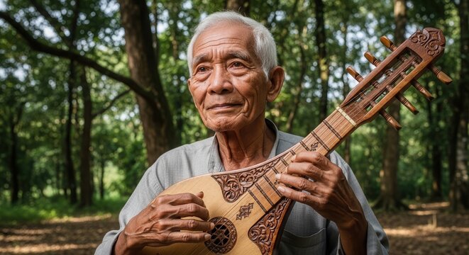 Elderly Asian man playing a traditional lute in a forest setting