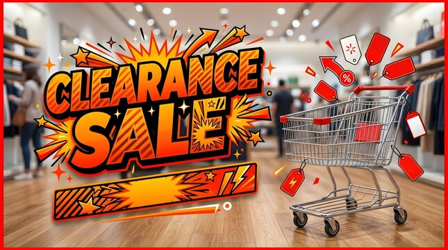 Clearance Sale Graphic with Shopping Cart in Store Background