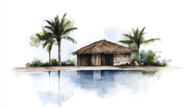 Watercolor painting of tropical beach hut with palm trees reflecting on calm blue water serene island landscape art print