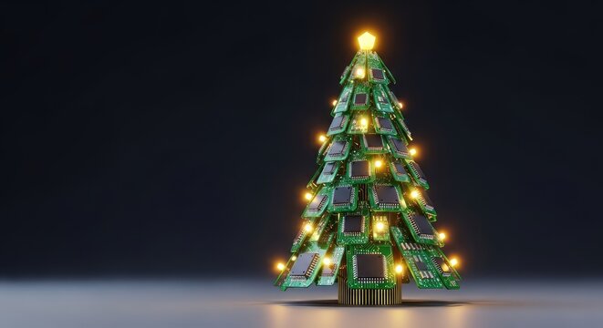 A high-tech futuristic Christmas tree crafted from green circuit boards and microchips, illuminated by glowing warm golden LED lights, components, illumination, resistor