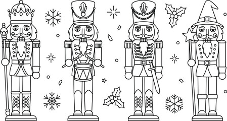 Christmas nutcracker ballet character vector line art collection featuring traditional toy soldiers wizard king and holiday decorative icons © Mst