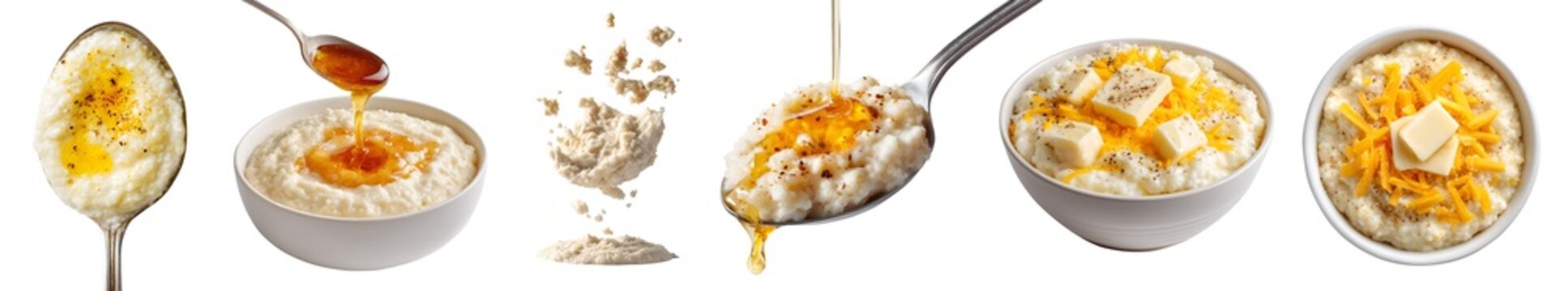Set of classic staple creamy grits, Southern U.S. ground corn hominy porridge, honey drizzle drip, spoon bowl, with cheese butter cream, transparent cutout PNG. mockup for design