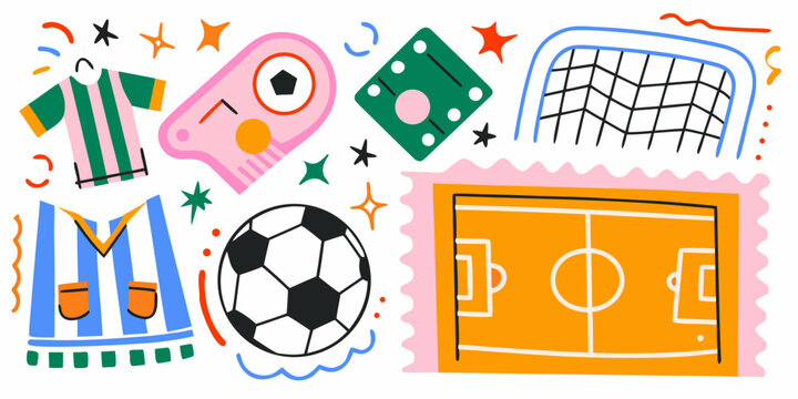 Soccer Equipment And Game Elements Colorful Vector Illustration