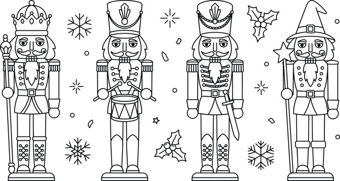 Christmas nutcracker ballet character vector line art collection featuring traditional toy soldiers wizard king and holiday decorative icons