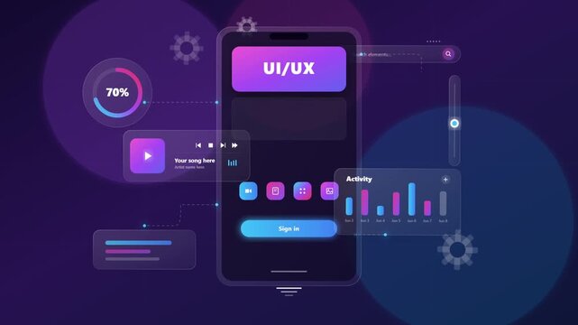 Animated mobile app interface design with user experience elements with mobile application with video displays dynamic