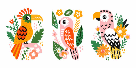 Stylized Parrots And Tropical Foliage Vector Illustration On White Background © Juthika