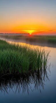 A serene fen landscape at dawn featuring lush green reeds, reflective still water, misty morning atmosphere, and a vibrant orange horizon, clouds, light, grass