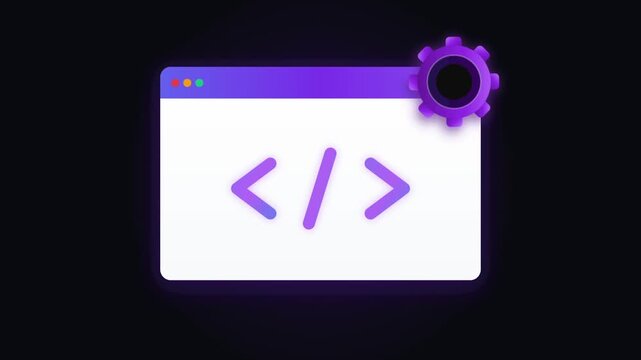 Animated purple code window with gear icon sliding across screen with across dark background video purple browser