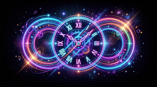 Glowing neon infinity clock concept. Abstract time travel portal with futuristic light rings.