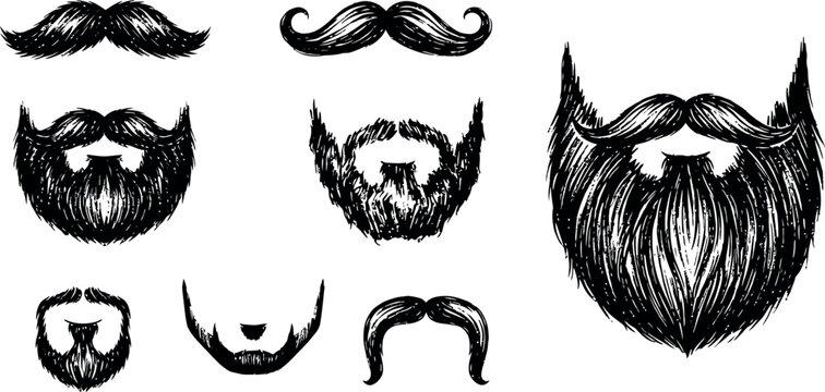 Vintage beard mustache facial hair collection featuring bold masculine grooming silhouettes isolated decorative vector illustration design