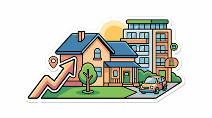 Fototapeta premium Colorful illustration of houses apartment building and car with upward arrow