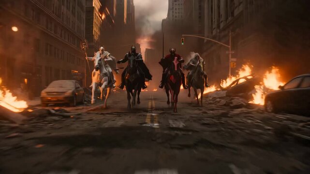 Biblical Scene Of The Four Horsemen Riding Through War City