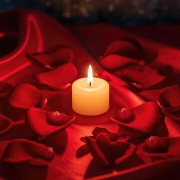 Candlelight flickers over crimson silk and scattered rose petals, creating a mysterious and warm atmosphere of deep emotional devotion, unity, smoke, mystery