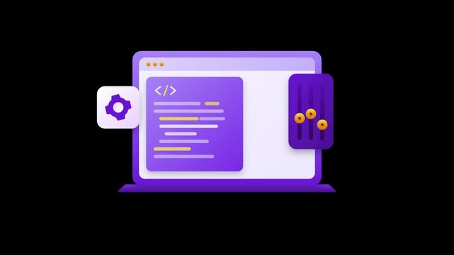 Computer programming code development animation with animated digital interface symbols settings icons
