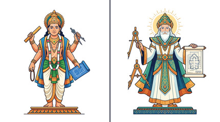 Obraz premium Architect deity figures with ancient tools and building plans