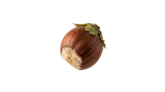 Single raw hazelnut with green leaf, organic brown filbert nut on white background, healthy snack ingredient for food packaging