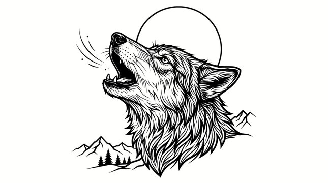 Howling wolf head line art vector illustration inside a circle frame