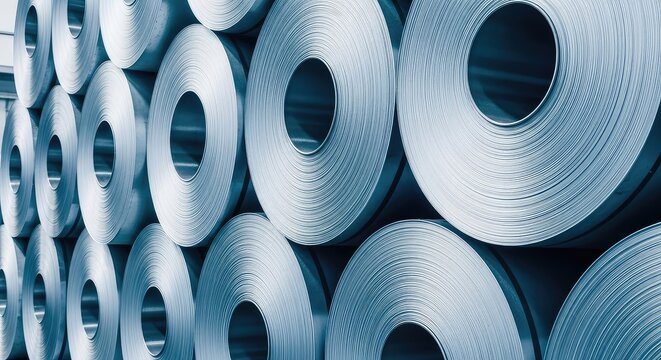 Heavy industrial steel rolls stacked neatly, showcasing the cold metallic sheen and circular patterns of processed metal plate layers, steel, roll, sheet