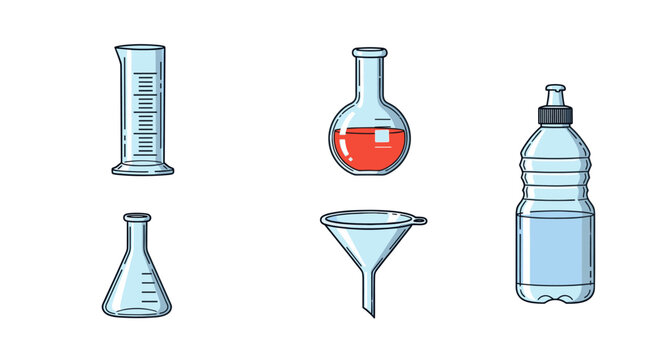 Laboratory glassware including cylinder flask funnel and water bottle.