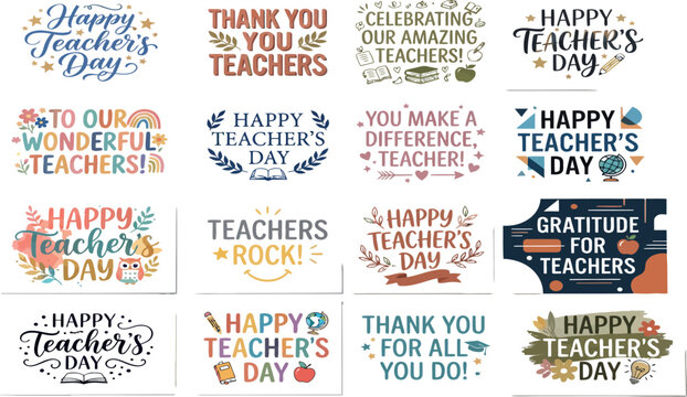 Teachers appreciation typography collection featuring greeting quote designs for educational celebration decorative vector illustration set