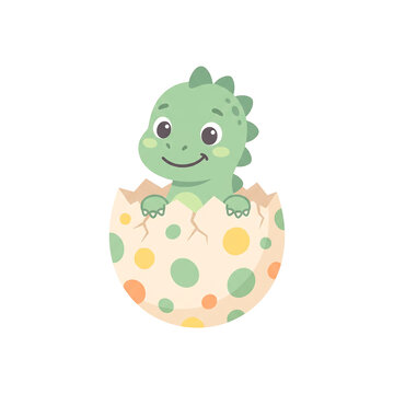 Cute green baby dinosaur hatching from a colorful spotted egg shell, adorable cartoon lizard character for kids and nursery art