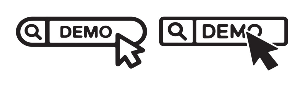 Search bar with word demo and mouse cursor clicking or hovering in two different styles.