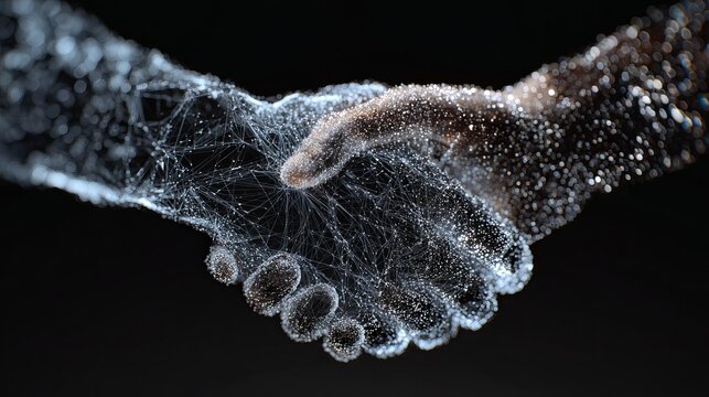 Handshake in futuristic digital environment symbolizing partnership, trust, innovation, technology collaboration and business connection