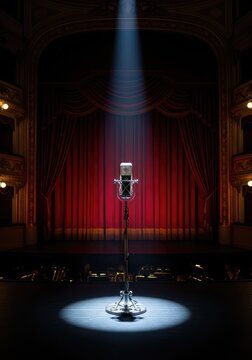 Wide view of a grand opera house stage with a spotlight on a vintage microphone during the final singing act of a classical performance, concert, brass, event