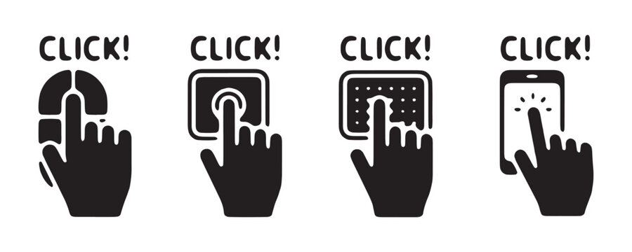 Click text hand icons for various devices including smartphone keyboard and mouse button interface.