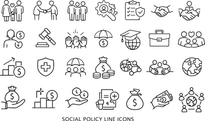 Fototapeta premium Social Policy Financial Insurance and Education Line Icon Set