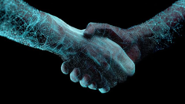 Handshake in futuristic digital environment symbolizing partnership, trust, innovation, technology collaboration and business connection