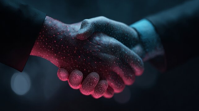 Handshake in futuristic digital environment symbolizing partnership, trust, innovation, technology collaboration and business connection