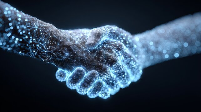 Handshake in futuristic digital environment symbolizing partnership, trust, innovation, technology collaboration and business connection