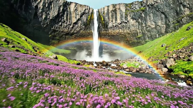 Flowing powerful stream of water crashes down steep rocky cliff into river while bright colorful rainbow arches nicely over blooming purple wildflower meadow during beautiful sunny summer day