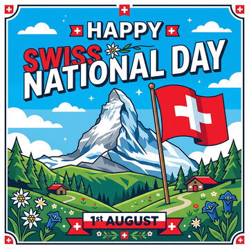 Swiss national day vector illustration featuring Matterhorn mountain alpine landscape flag and edelweiss flowers