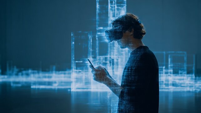 Person experiencing metaverse virtual world through smartphone with futuristic blockchain technology and immersive digital reality concept