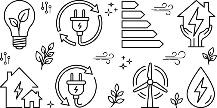 Green eco energy sustainable power vector line icons set featuring wind turbine lightbulb smart home plug and leaves