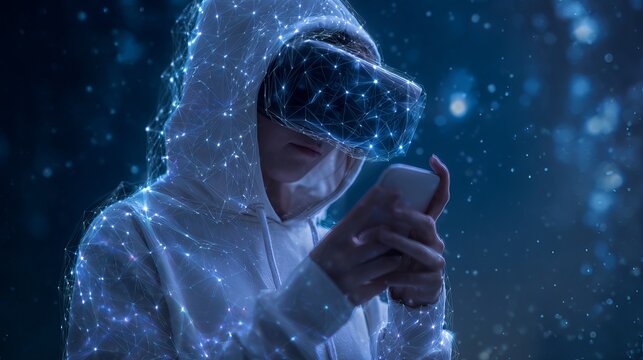 Person experiencing metaverse virtual world through smartphone with futuristic blockchain technology and immersive digital reality concept