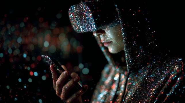 Person experiencing metaverse virtual world through smartphone with futuristic blockchain technology and immersive digital reality concept