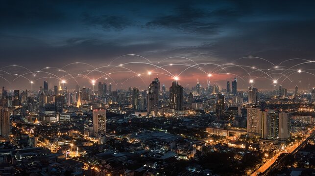 Modern smart city skyline at night with wireless network connection technology, digital communication infrastructure, futuristic urban connectivity concept