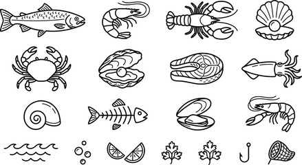 Seafood and marine fish vector line icons set featuring salmon shrimp lobster crab squid oysters and pearl shells © vector design 