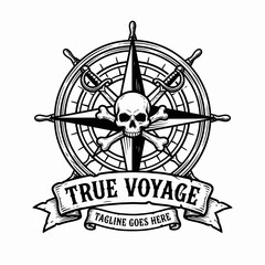 Classic maritime explorer badge with ship wheel, compass, and skull. © village